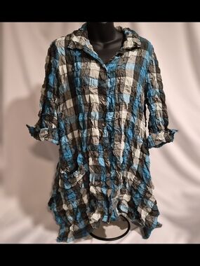 Chalet et Ceci Textured Plaid‎ Button Down Shirt XS Blue Grey Crinkle Lagenlook